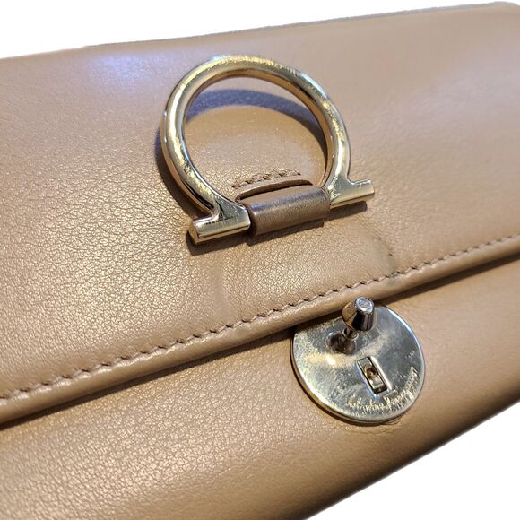 Salvatore Ferragamo Smooth Khaki Leather & Gold Gancini Fold Over Long Wallet - Picture 5 of 12